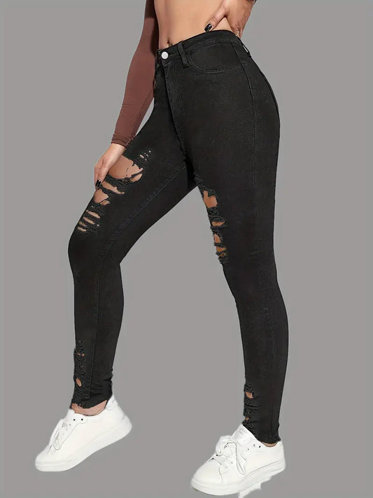 Black Ripped High Waist Skinny Jeans with Slash Pockets